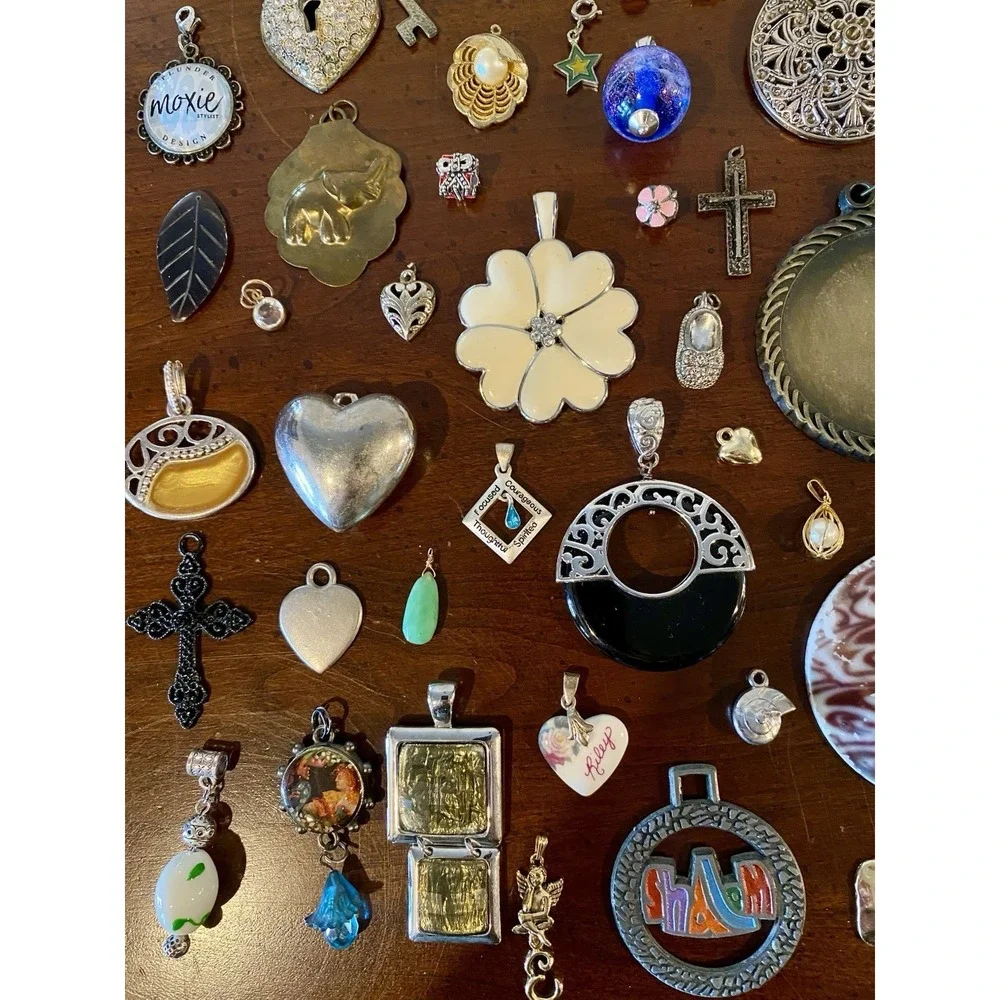 VTG To Modern Pendant Charm Lot - Flower Moon Heart Cross Enamel Rhinestones
